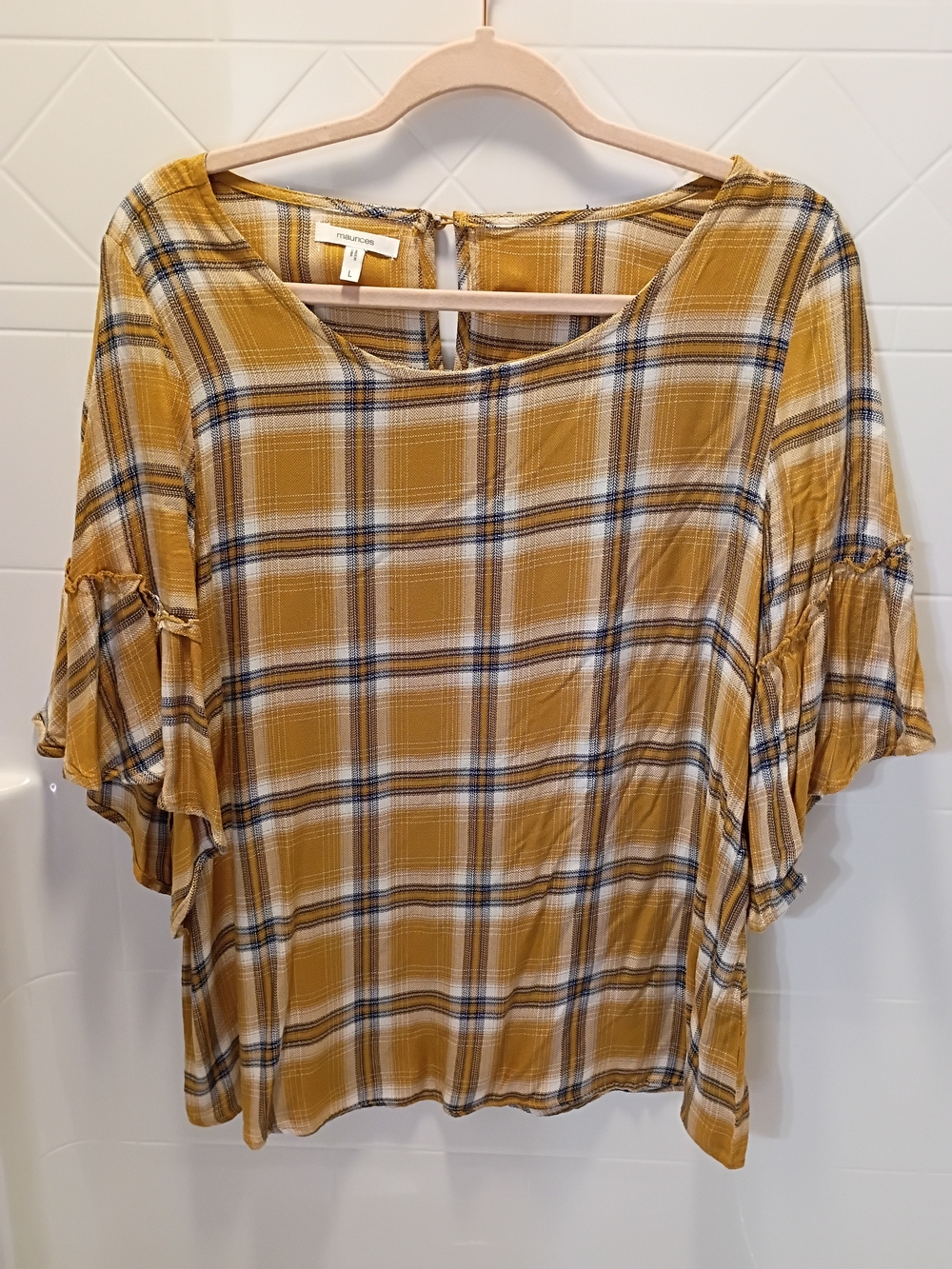 Maurices Mustard Plaid Ruffle Sleeve Blouse Large NWOT